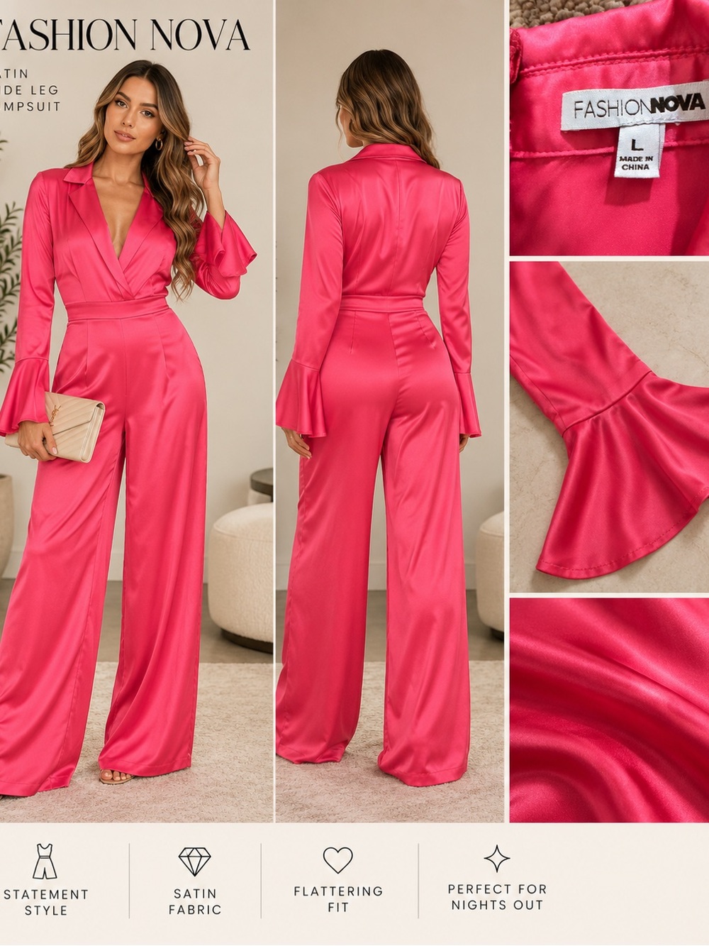 Fashion Nova Satin Wide-Leg Jumpsuit in Hot Pink